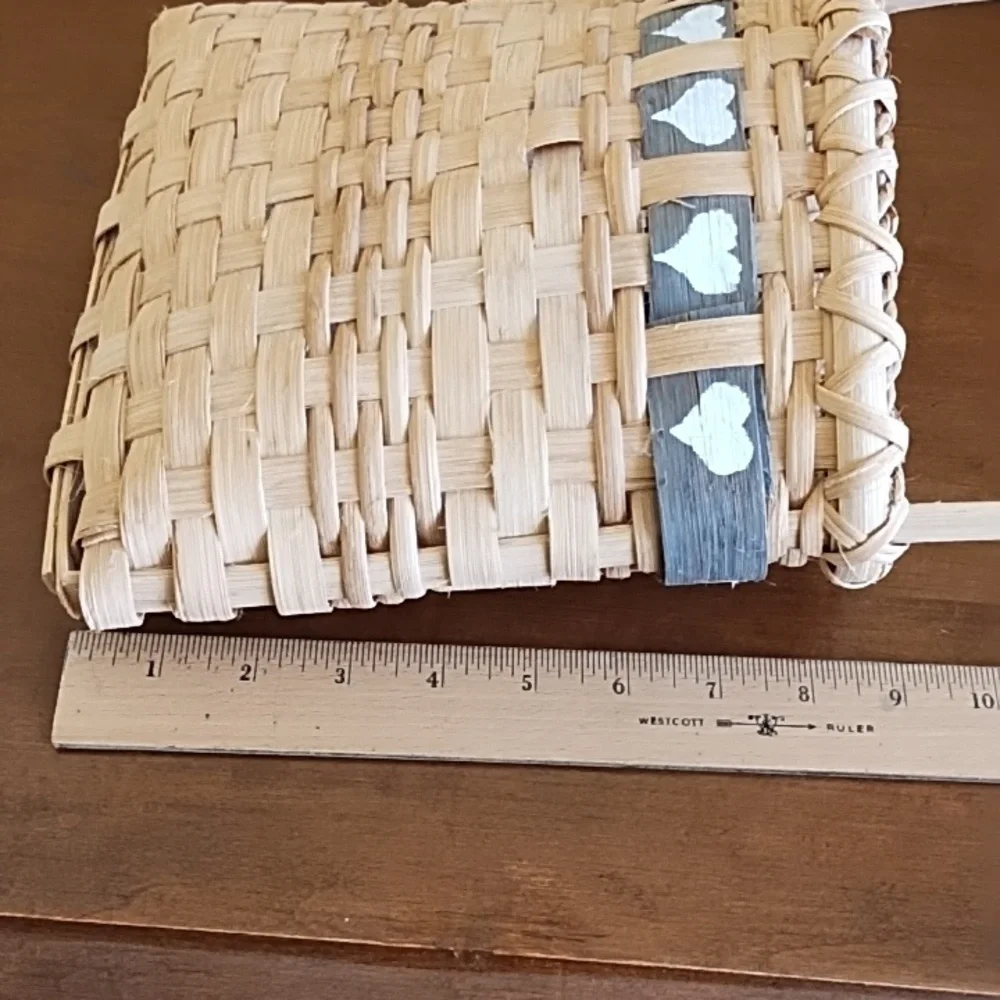 Vintage Handcrafted Woven Splint Wall Pocket Basket With Blue Heart Cutout Band
